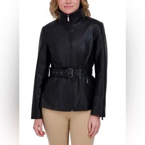 Kenneth Cole Women's Belted Faux Leather Jacket Convertible Collar Two ZipPocket